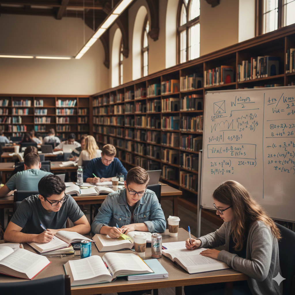 Student preparing for boards in library